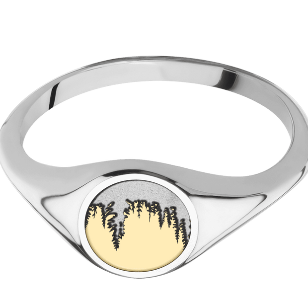 Small Circle signet ring (10mm) in 14K White Gold, with a Thin style band and a Trees engraving.and a 14K Yellow Gold inlay.
