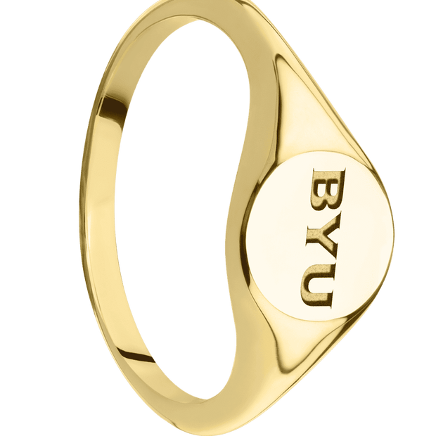 Small Circle signet ring (10mm) in 14K Yellow Gold, with a Thin style band and a Brigham Young BYU Monogram engraving.