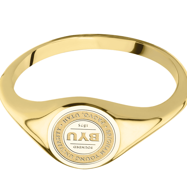 Small Circle signet ring (10mm) in 14K Yellow Gold, with a Thin style band and a Brigham Young Univeristy Seal engraving.