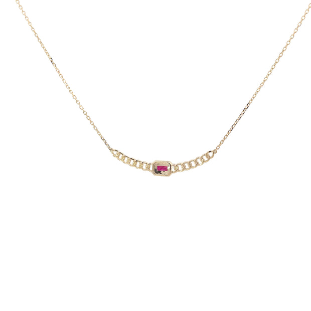 Yellow Gold Diamond Ruby Chain Bar Necklace