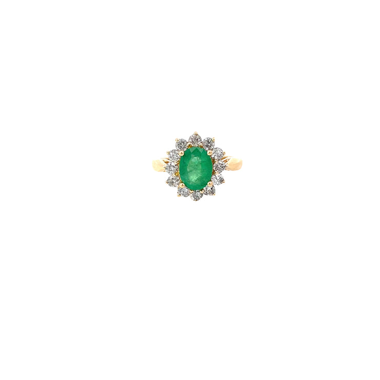 14K Yellow Gold Emerald Diamond Halo Ring