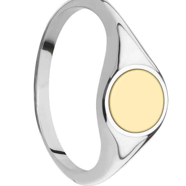 Small Circle signet ring (10mm) in 14K White Gold, with a Thin style band and a 14K Yellow Gold inlay.