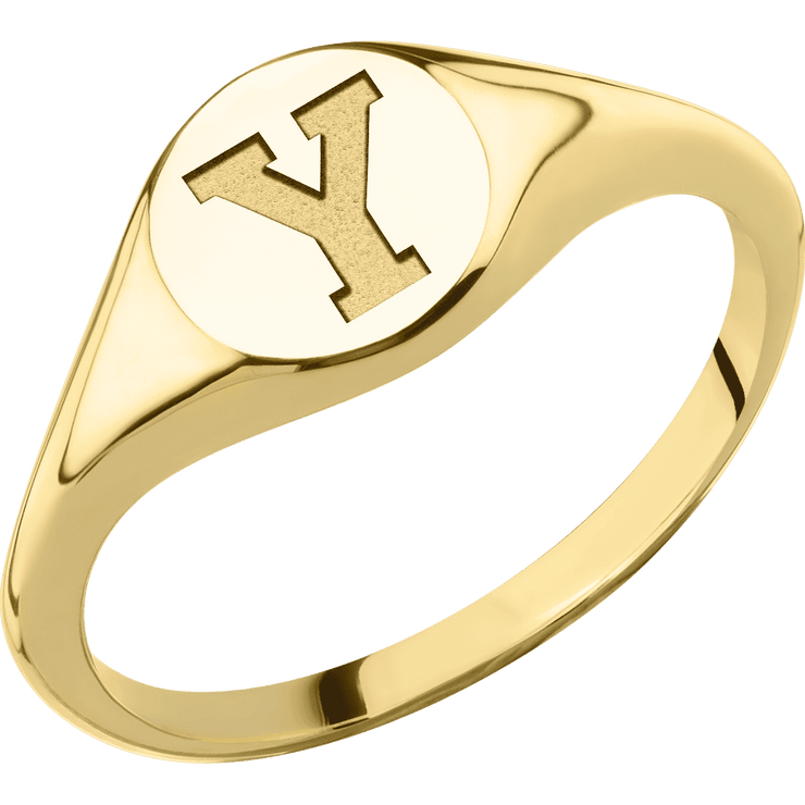 Small Circle signet ring (10mm) in 14K Yellow Gold, with a Thin style band and a Brigham Young Block Y engraving.