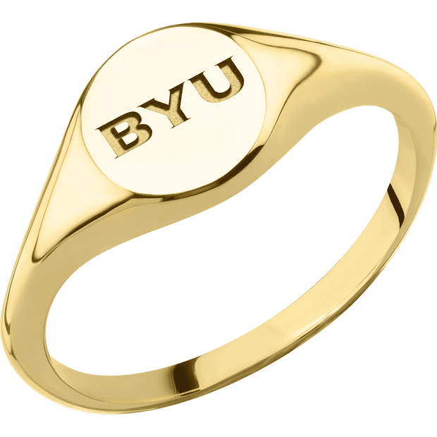 Small Circle signet ring (10mm) in 14K Yellow Gold, with a Thin style band and a Brigham Young BYU Monogram engraving.
