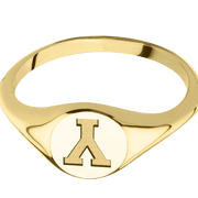 Small Circle signet ring (10mm) in 14K Yellow Gold, with a Thin style band and a Brigham Young Block Y engraving.