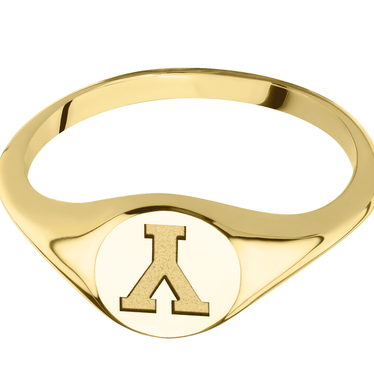 Small Circle signet ring (10mm) in 14K Yellow Gold, with a Thin style band and a Brigham Young Block Y engraving.