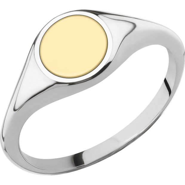 Small Circle signet ring (10mm) in 14K White Gold, with a Thin style band and a 14K Yellow Gold inlay.