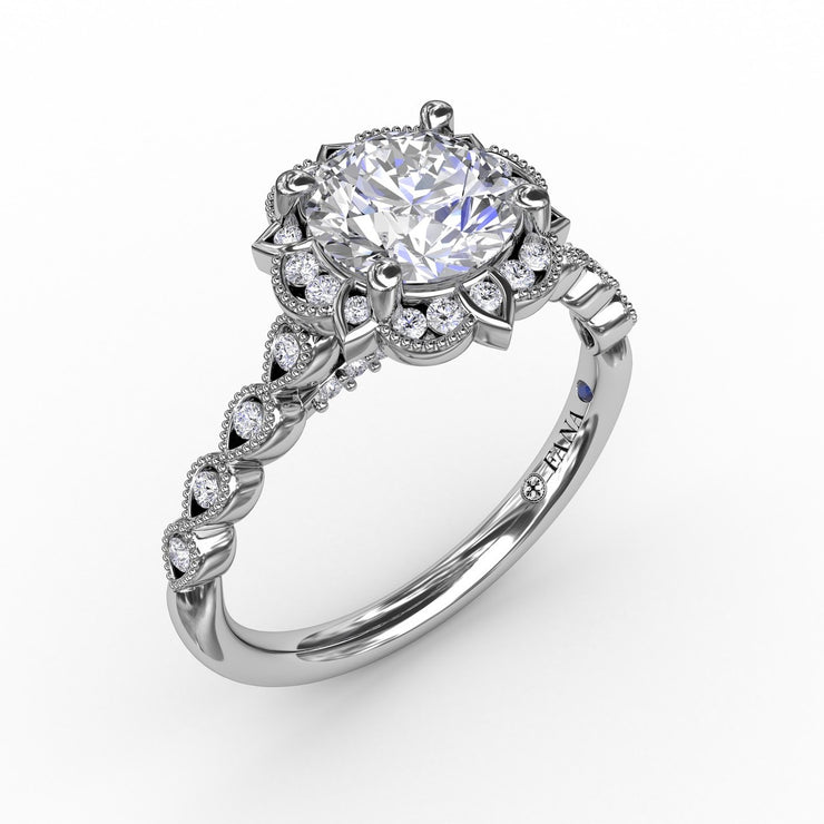 Floral Halo 14 Karat White Gold Semi-Mount Ring