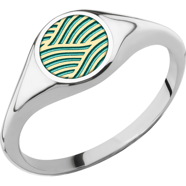 Small Circle signet ring (10mm) in 14K White Gold, with a Thin style band and a Navigator engraving.and a 14K Yellow Gold inlay.
