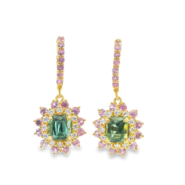 Mint Tourmaline Drop Earrings with Pink Tourmaline and Diamond Accents