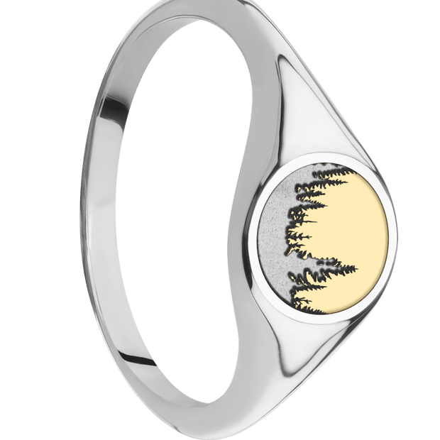 Small Circle signet ring (10mm) in 14K White Gold, with a Thin style band and a Trees engraving.and a 14K Yellow Gold inlay.