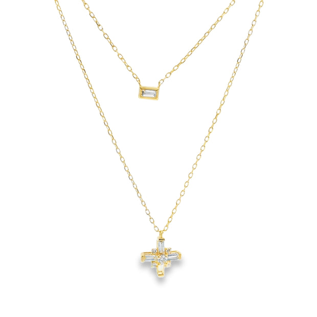 Multi-Strand Necklace with Baguette and Cross Pendants