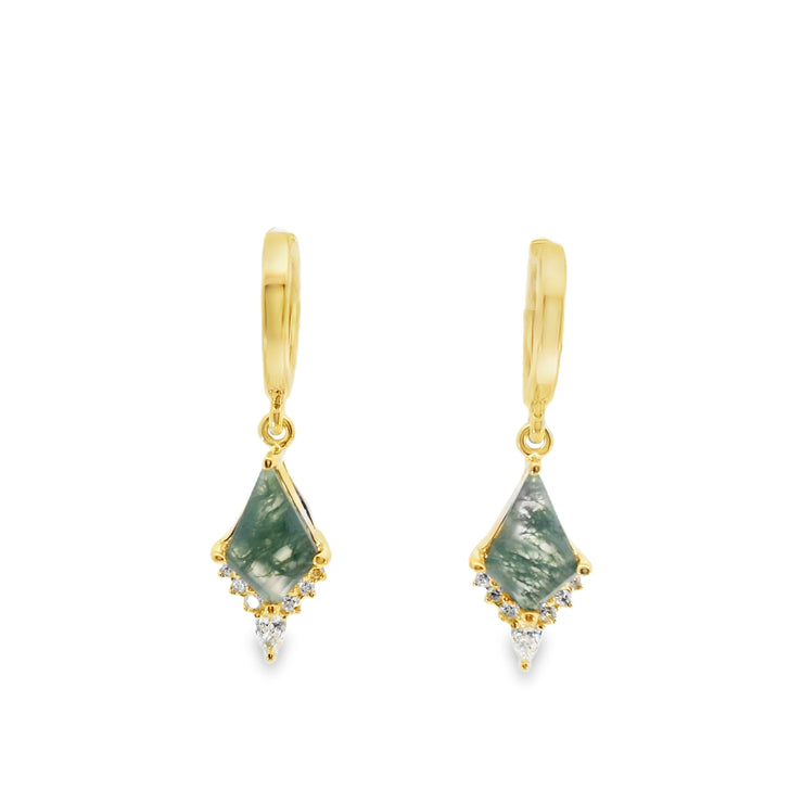 Gold Huggies with Moss Agate and Diamond Drops