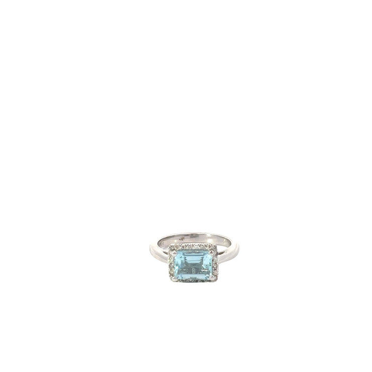 14K White Gold Aquamarine Diamond Halo Ring