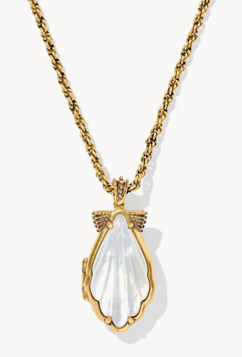 Kendra Scott Alexa Vintage Gold Tone Shell Locket Statement Necklace