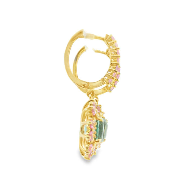 Mint Tourmaline Drop Earrings with Pink Tourmaline and Diamond Accents