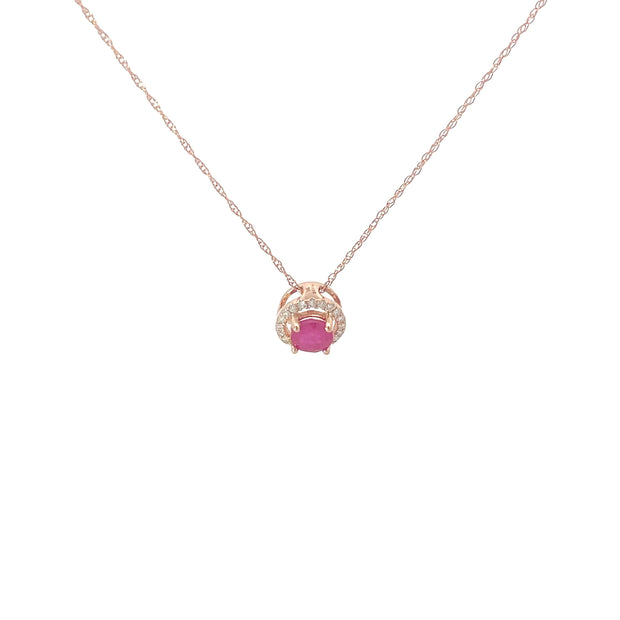 Rose Gold Ruby Diamond Halo Pendant Necklace