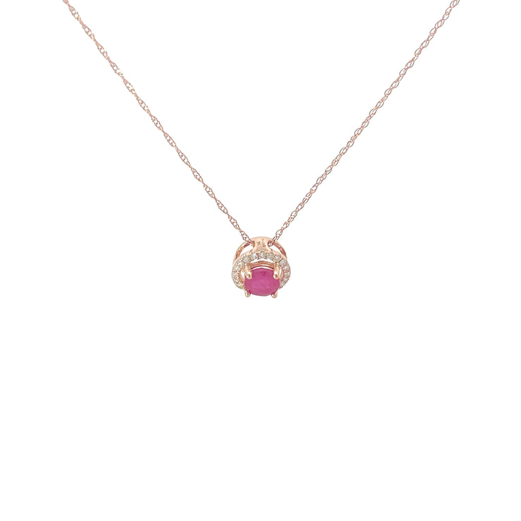 Rose Gold Ruby Diamond Halo Pendant Necklace