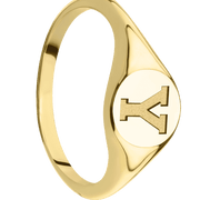 Small Circle signet ring (10mm) in 14K Yellow Gold, with a Thin style band and a Brigham Young Block Y engraving.