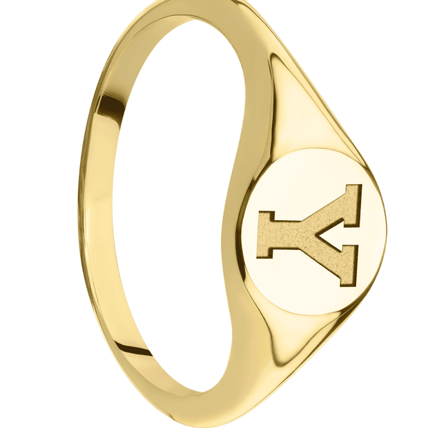 Small Circle signet ring (10mm) in 14K Yellow Gold, with a Thin style band and a Brigham Young Block Y engraving.