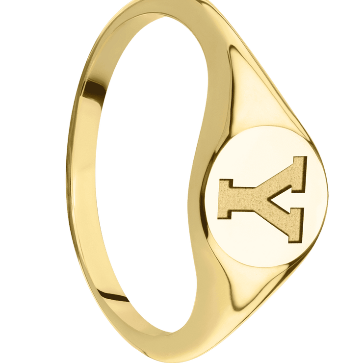 Small Circle signet ring (10mm) in 14K Yellow Gold, with a Thin style band and a Brigham Young Block Y engraving.