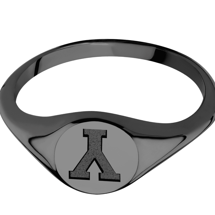 Small Circle signet ring (10mm) in Zirconium, with a Thin style band and a Brigham Young Block Y engraving.