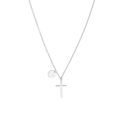 White Gold Cross Dangle and Disk Necklace