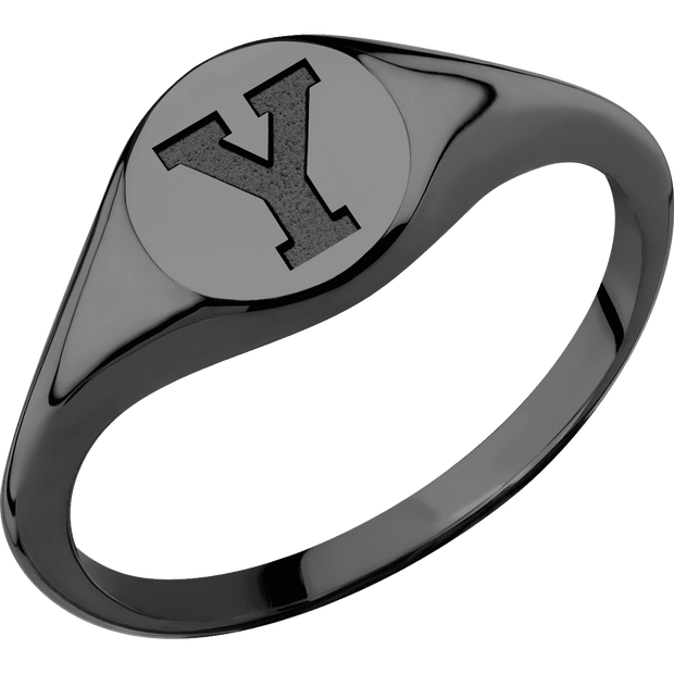 Small Circle signet ring (10mm) in Zirconium, with a Thin style band and a Brigham Young Block Y engraving.
