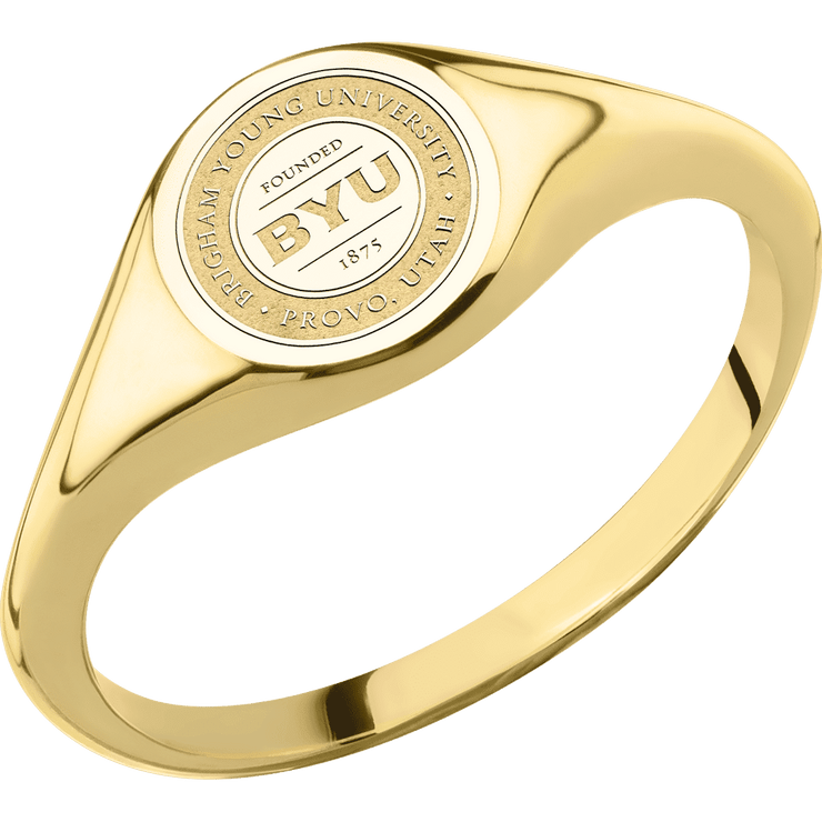 Small Circle signet ring (10mm) in 14K Yellow Gold, with a Thin style band and a Brigham Young Univeristy Seal engraving.