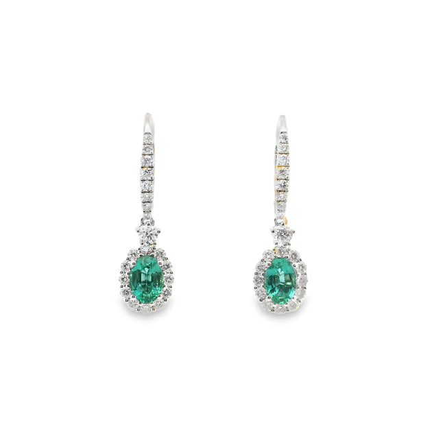 Emerald and Diamond Halo Drop Earrings
