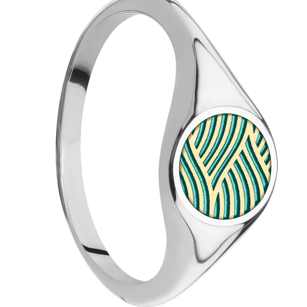 Small Circle signet ring (10mm) in 14K White Gold, with a Thin style band and a Navigator engraving.and a 14K Yellow Gold inlay.