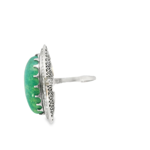 Platinum Green Turquoise and Diamond Art Deco Revival Ring