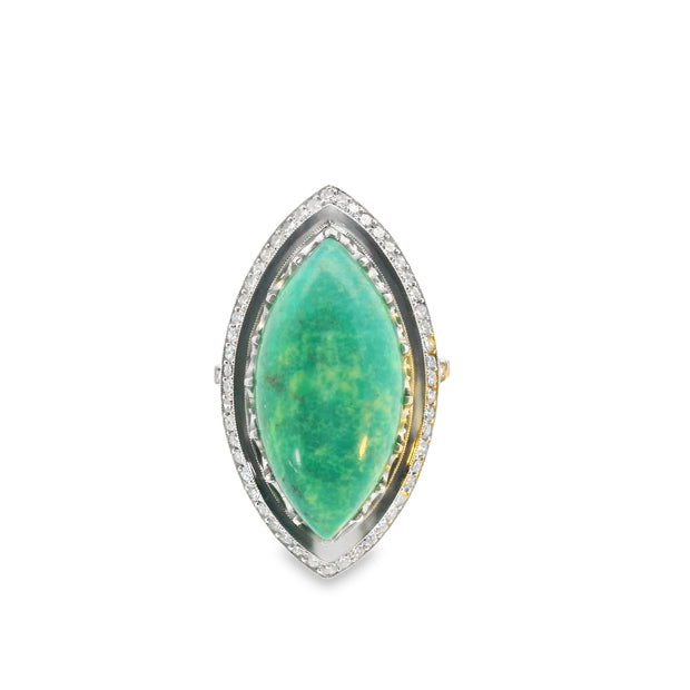 Platinum Green Turquoise and Diamond Art Deco Revival Ring