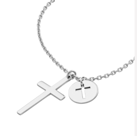 White Gold Cross Dangle and Disk Necklace