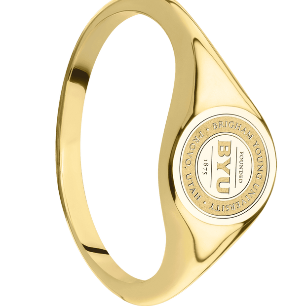 Small Circle signet ring (10mm) in 14K Yellow Gold, with a Thin style band and a Brigham Young Univeristy Seal engraving.