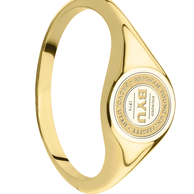 Small Circle signet ring (10mm) in 14K Yellow Gold, with a Thin style band and a Brigham Young Univeristy Seal engraving.