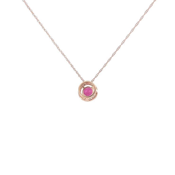 Rose Gold Ruby Diamond Halo Pendant Necklace