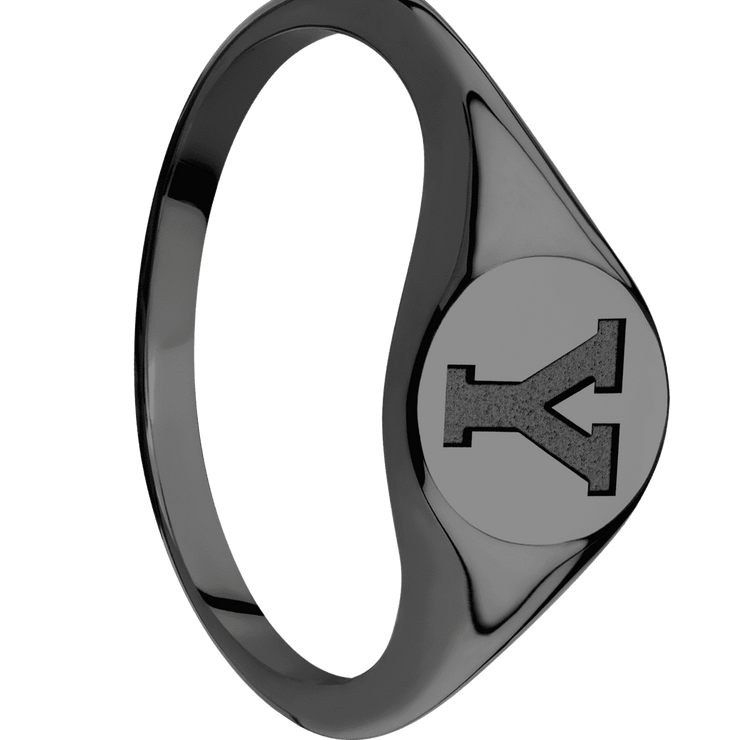 Small Circle signet ring (10mm) in Zirconium, with a Thin style band and a Brigham Young Block Y engraving.