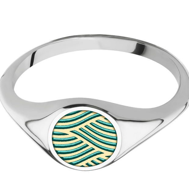 Small Circle signet ring (10mm) in 14K White Gold, with a Thin style band and a Navigator engraving.and a 14K Yellow Gold inlay.