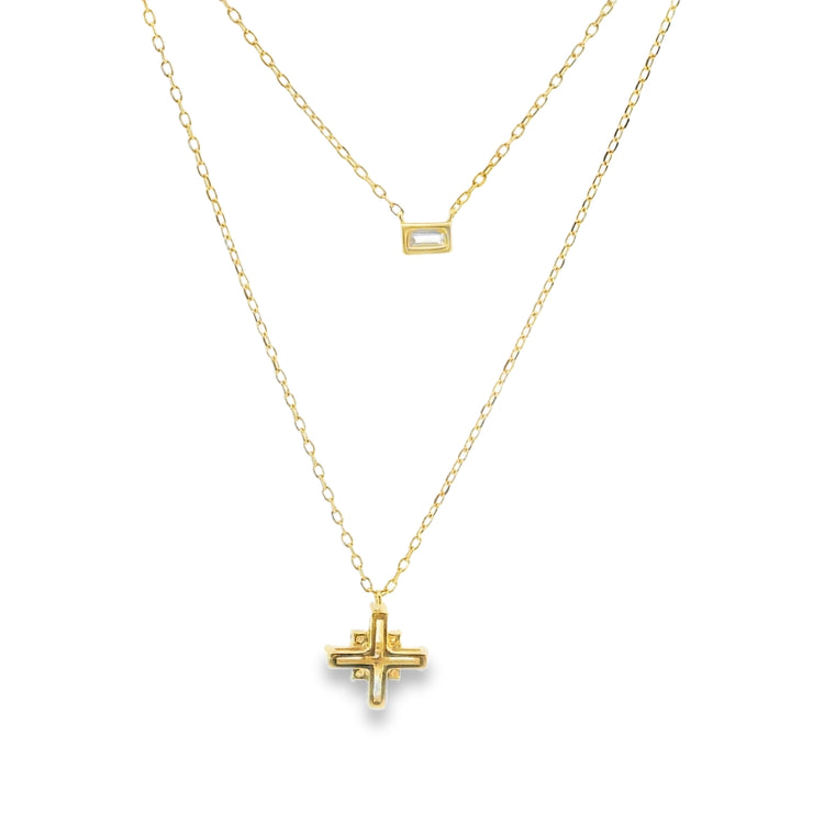 Multi-Strand Necklace with Baguette and Cross Pendants