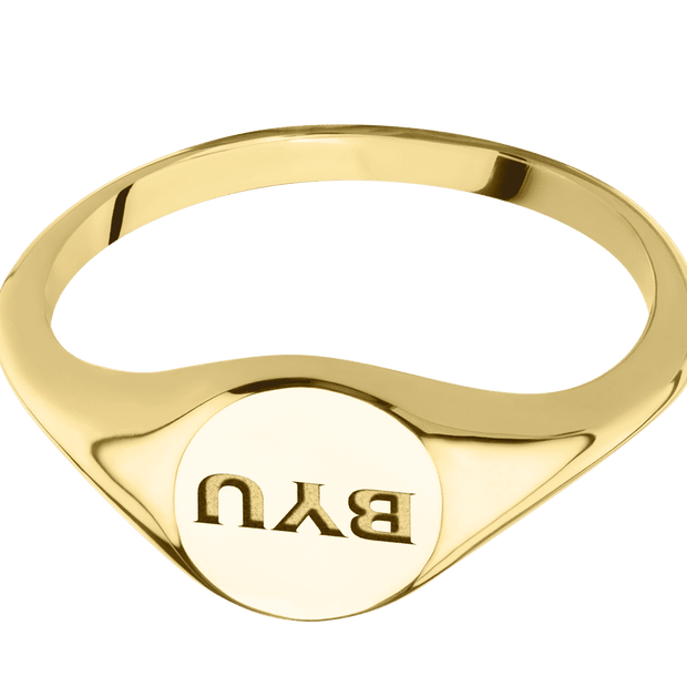 Small Circle signet ring (10mm) in 14K Yellow Gold, with a Thin style band and a Brigham Young BYU Monogram engraving.