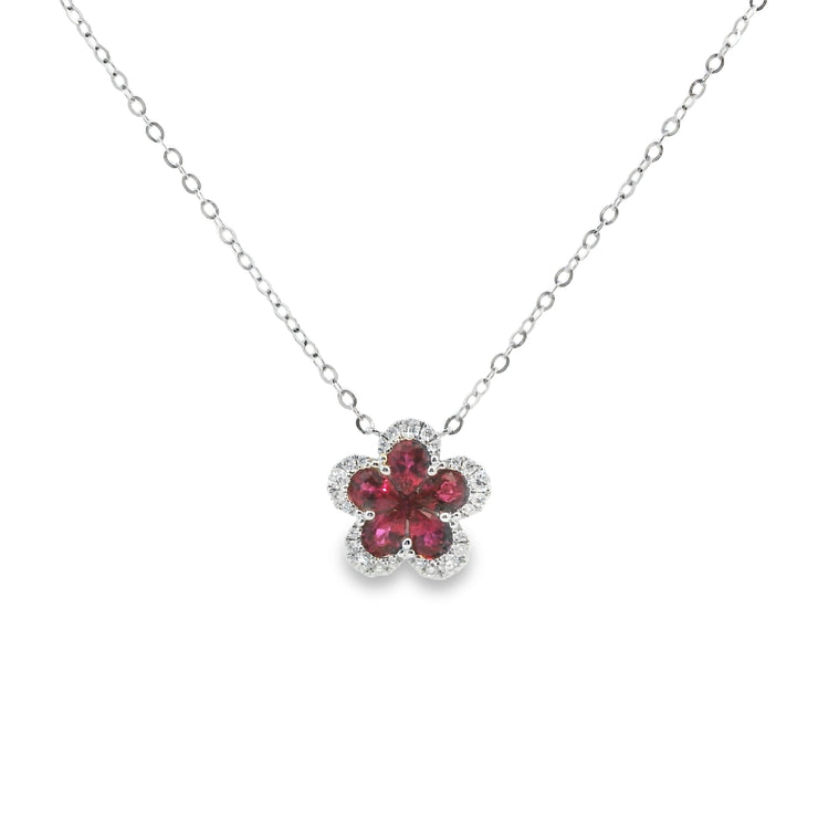 Ruby and Diamond Flower Halo Pendant