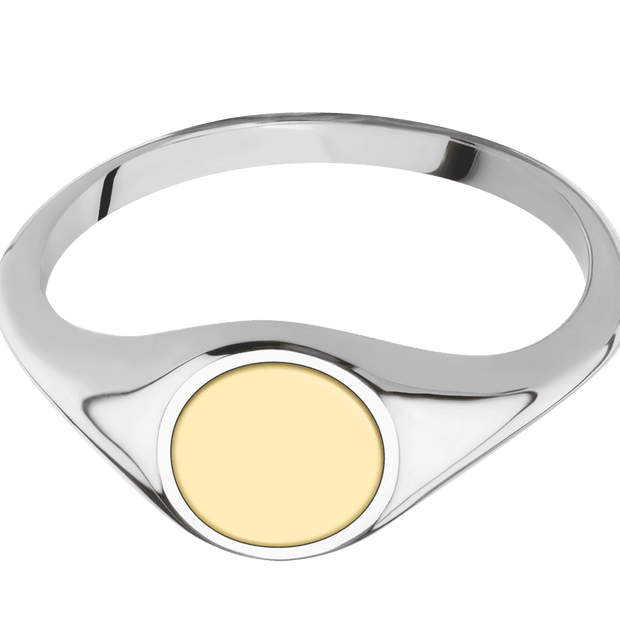 Small Circle signet ring (10mm) in 14K White Gold, with a Thin style band and a 14K Yellow Gold inlay.