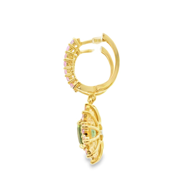 Mint Tourmaline Drop Earrings with Pink Tourmaline and Diamond Accents