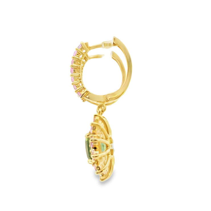 Mint Tourmaline Drop Earrings with Pink Tourmaline and Diamond Accents