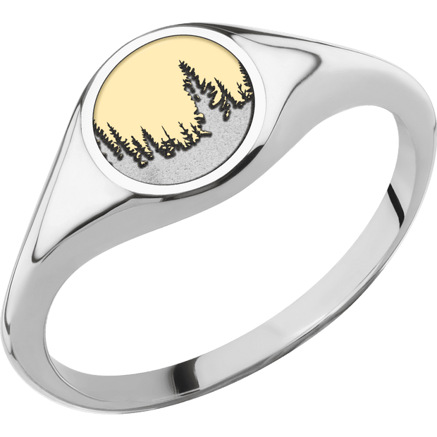 Small Circle signet ring (10mm) in 14K White Gold, with a Thin style band and a Trees engraving.and a 14K Yellow Gold inlay.