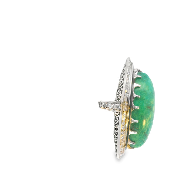 Platinum Green Turquoise and Diamond Art Deco Revival Ring